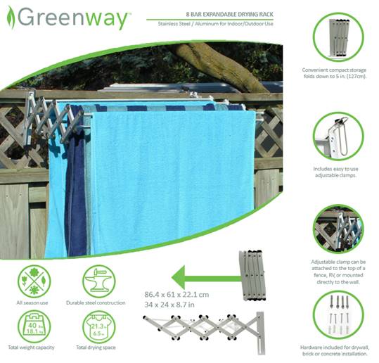 Greenway Indoor/Outdoor Foldable Drying Rack, with Optional WallMount